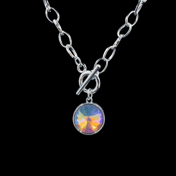 Rainbow Crystal Pendant Necklace And Earrings Set Silver Tone Toggle Clasp - Picture 4 of 9